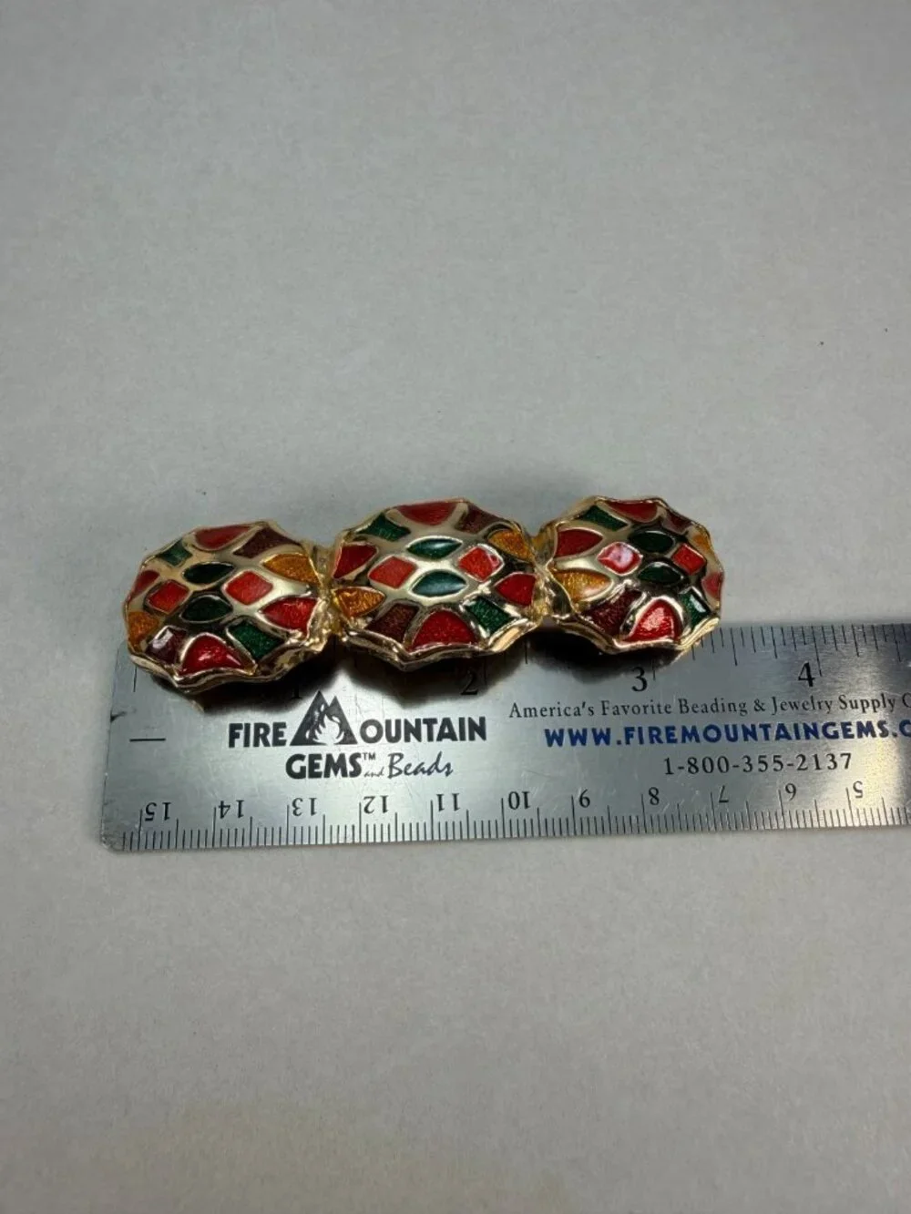 Vintage Cloisonné Enamel Triple Panel Hair Barrette Gold Tone Hair Clip